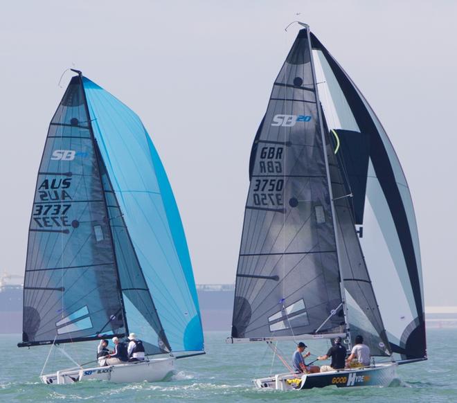 Day 3 – Nick Roger in Black duels with a British boat on the Solent – SB20 World Championship ©  Jennifer Burgis